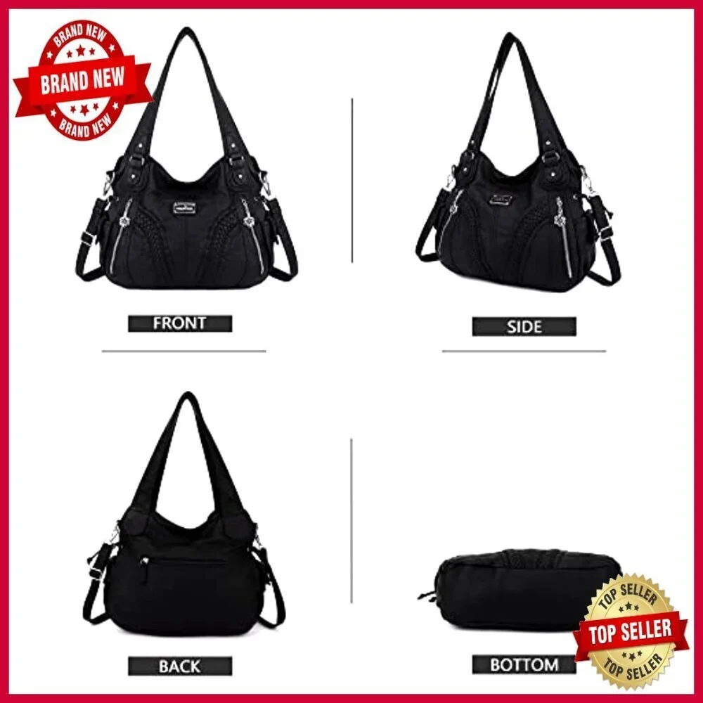 Large Tote Bag with Adjustable Strap, Multiple Pockets, Washed PU Leather